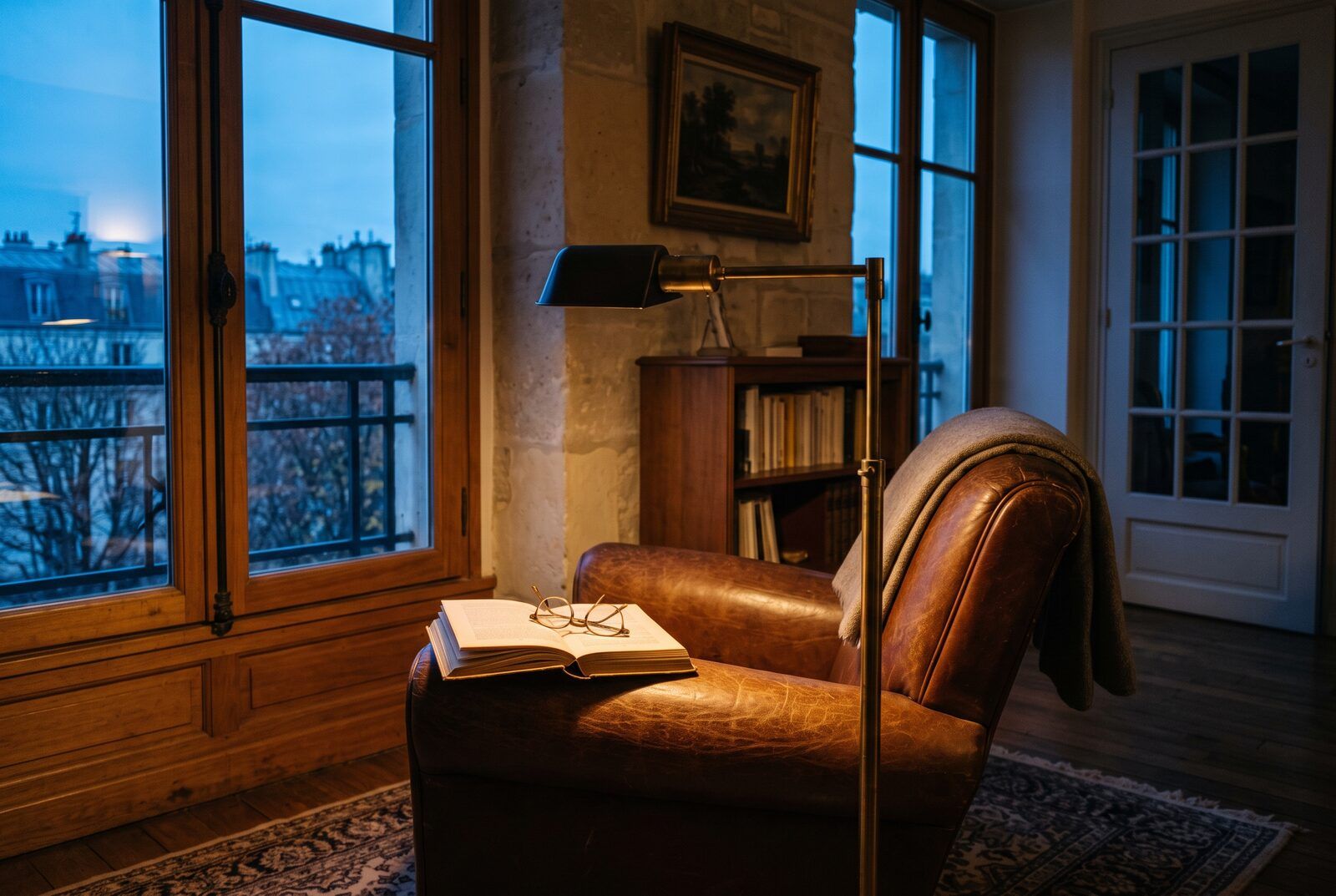 Le coin lecture le soir, la lumière tombant par-dessus l’épaule sur les pages d’un livre