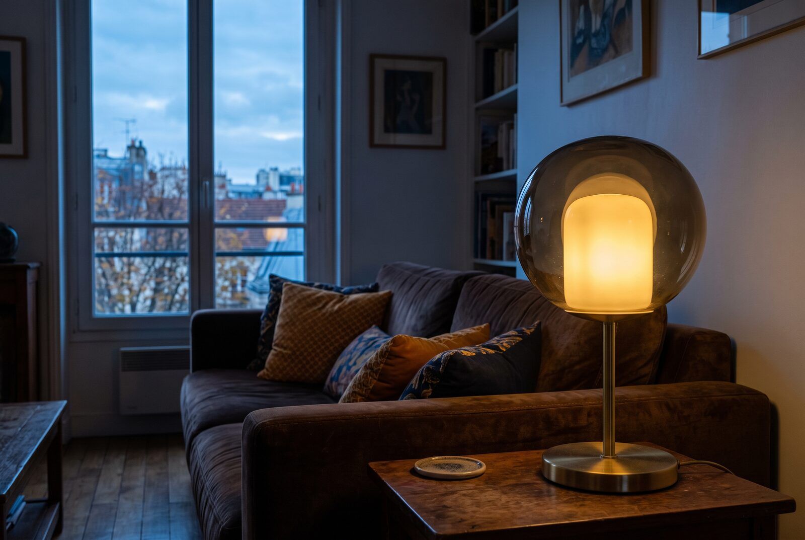 La lampe allumée en bout de canapé, un livre ouvert dans le halo, le reste du séjour dans l’ombre