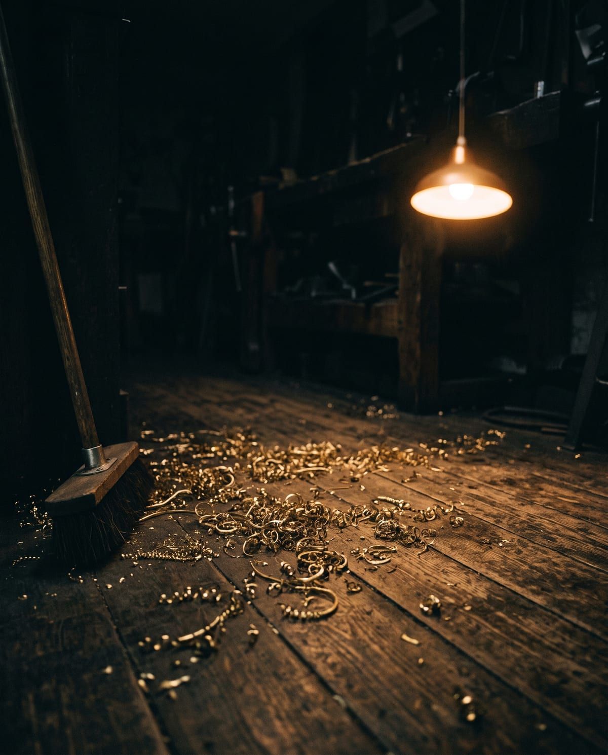 Le plancher de l’atelier couvert de copeaux de laiton qui accrochent la lumière
