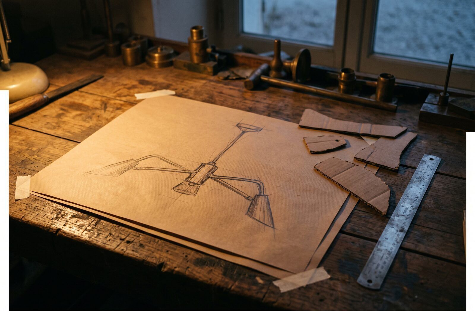 Croquis à l’échelle 1 et gabarit de carton, punaisés au mur de l’atelier