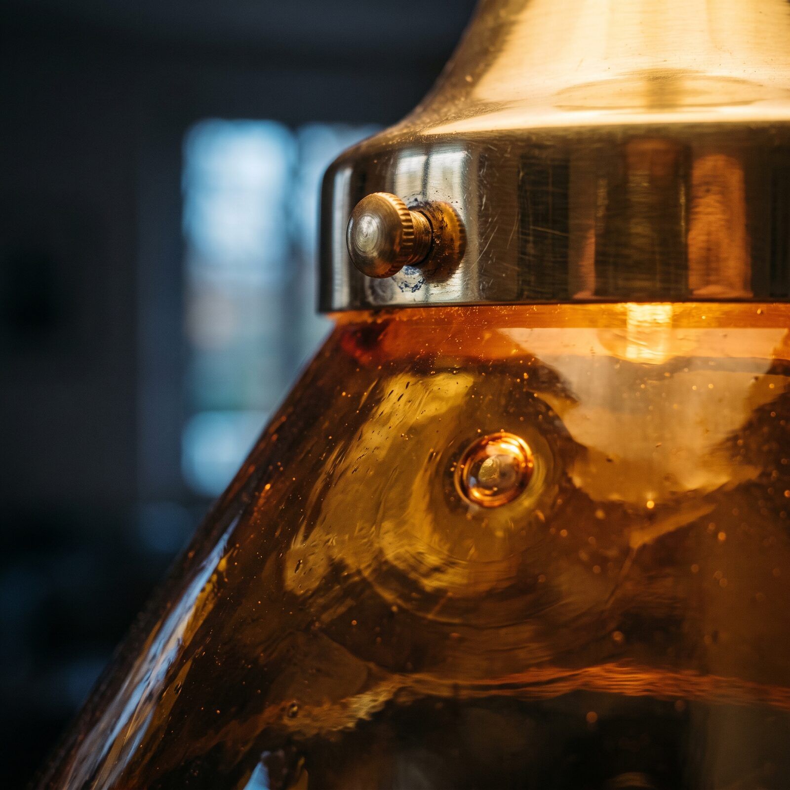 Détail d’une tige brasée sur le cercle de laiton poli et d’un verre conique ambré