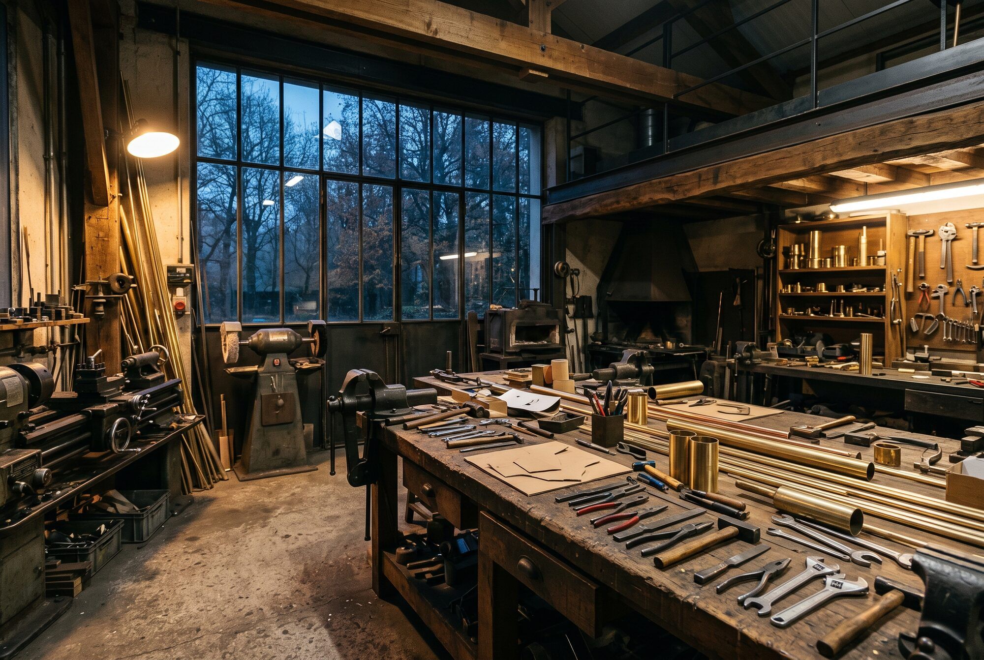 L’établi principal de l’atelier, vu de face, avec ses outils rangés à portée de main