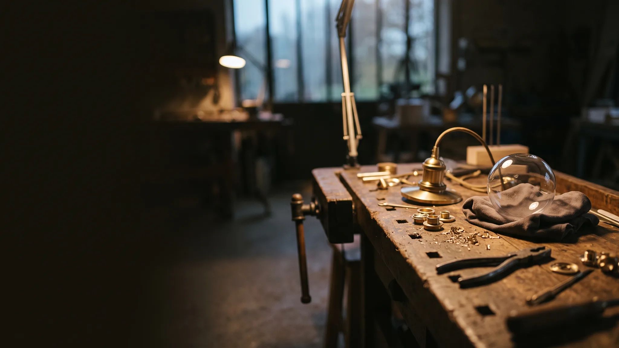 L’établi de l’atelier le soir : pièces de laiton, globes de verre soufflé et une suspension allumée qui éclaire le plan de travail