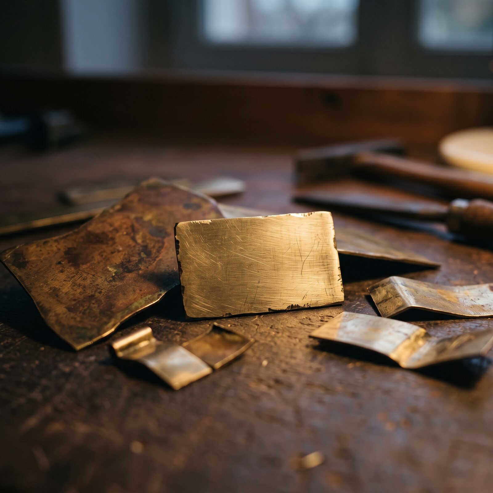 Chutes et barres de laiton rangées à l’atelier, patine et reflets chauds