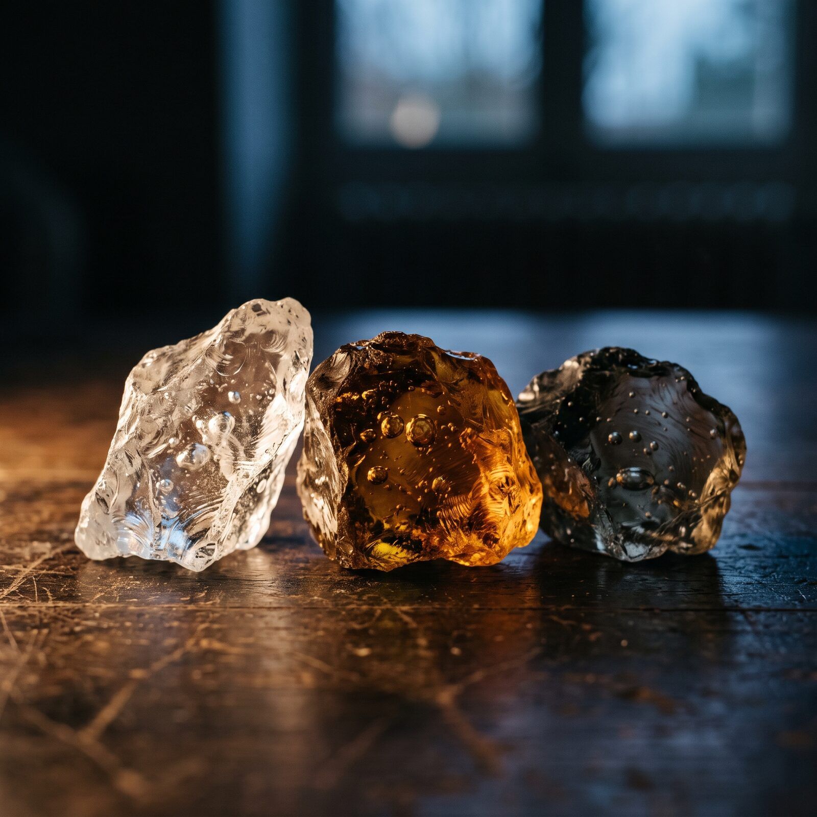 Globes de verre soufflé clairs, ambrés et fumés, alignés à contre-jour