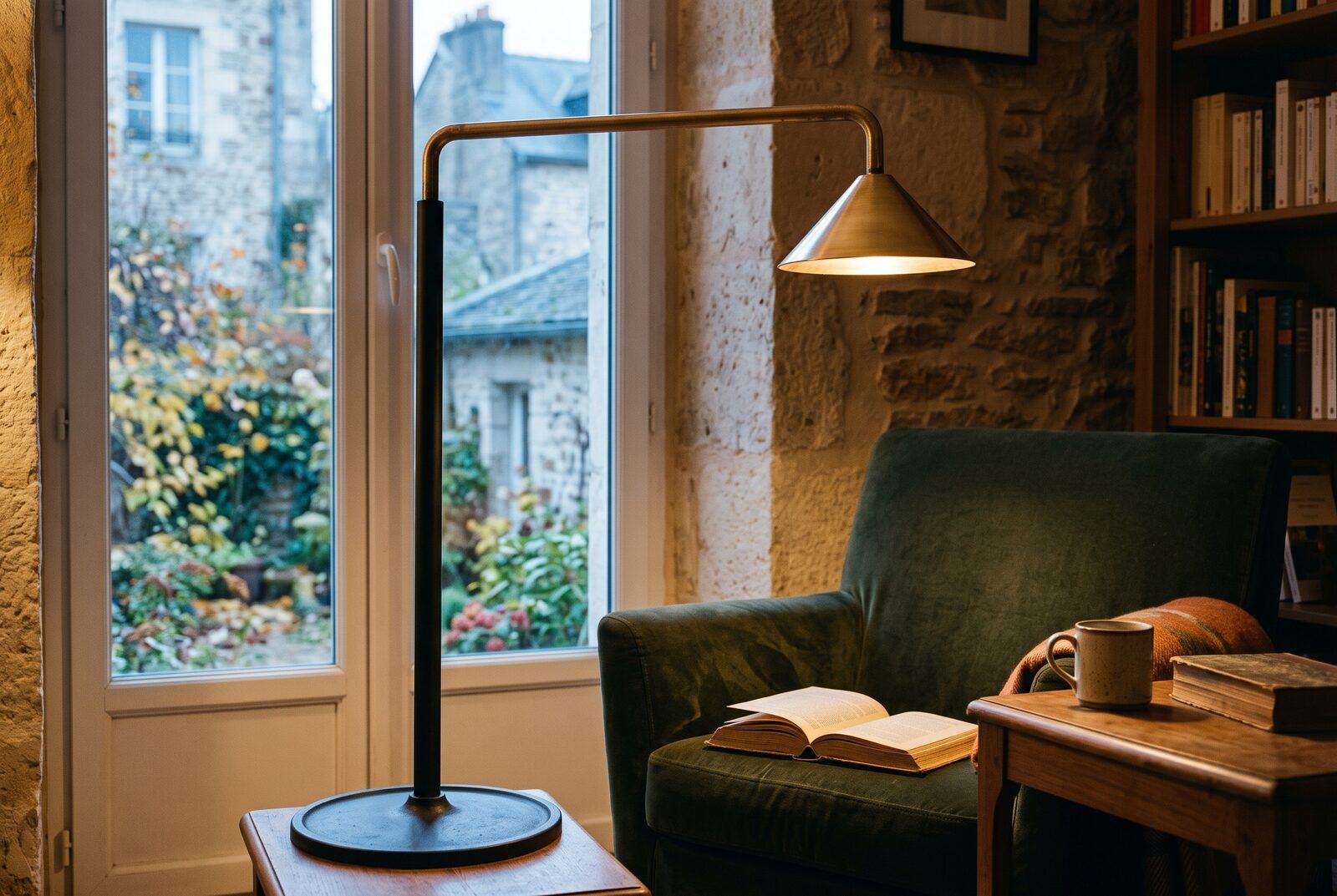 Lampadaire liseuse : fût d’acier noir, bras de laiton déporté et réflecteur repoussé posé au-dessus d’un fauteuil