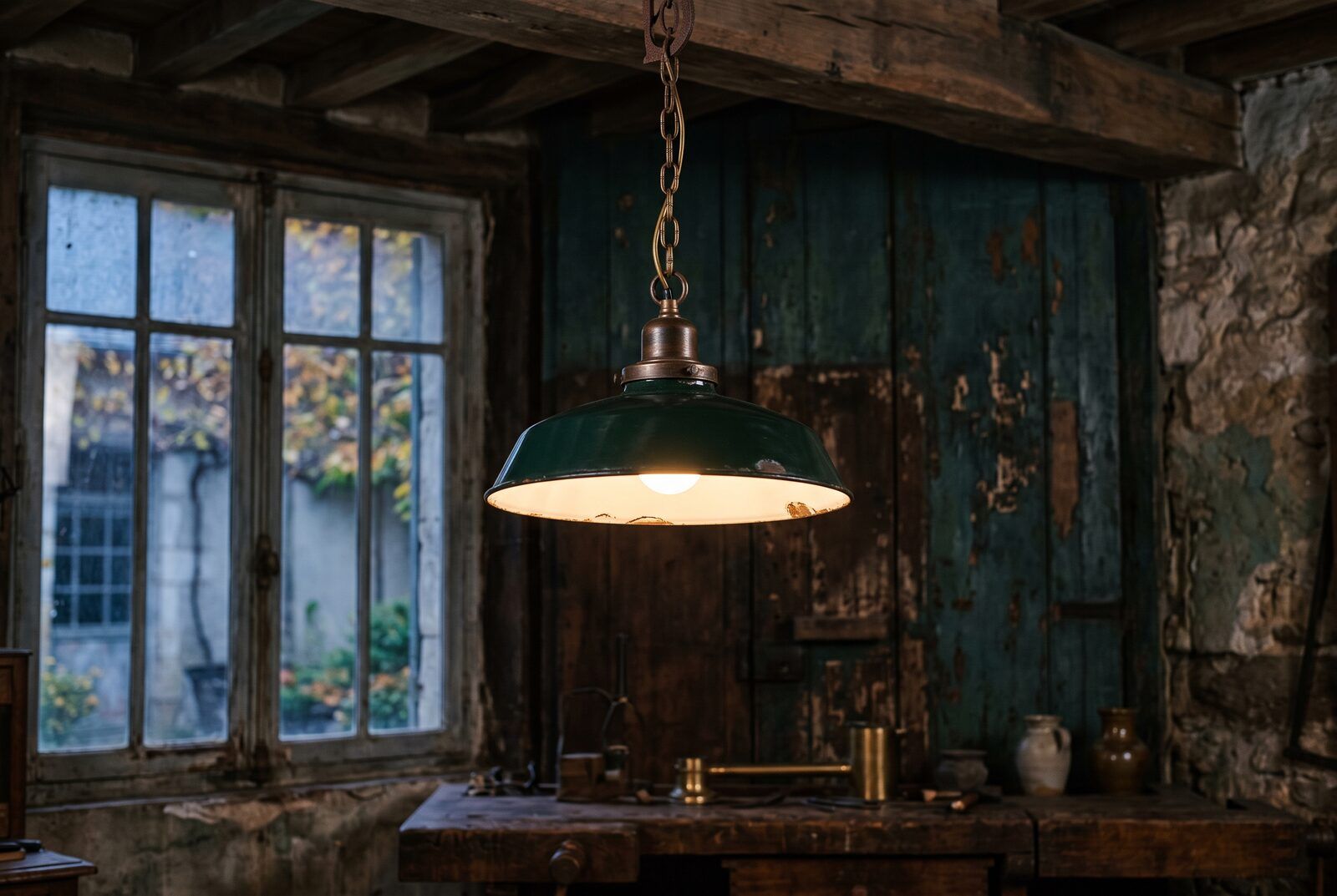 Suspension d’atelier ancienne en tôle émaillée verte à l’extérieur et blanche dedans, remise en état et allumée