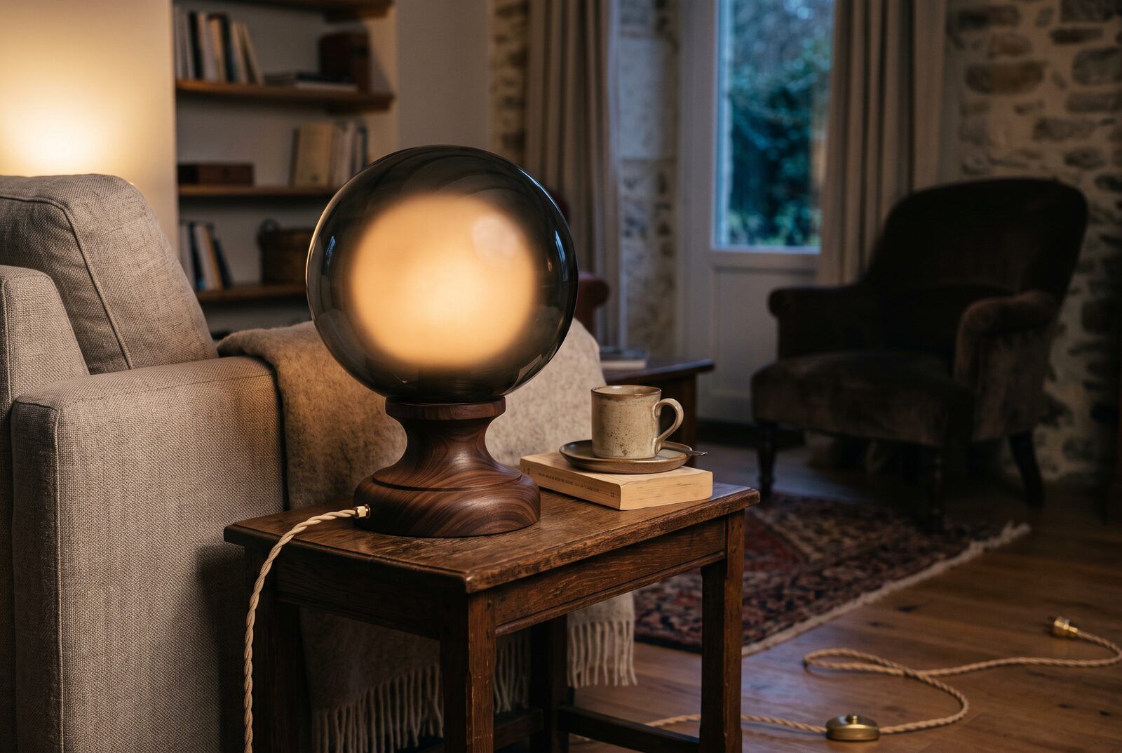 Lampe à poser : globe de verre soufflé fumé gris sur un socle de noyer tourné, tige de laiton et câble textile écru
