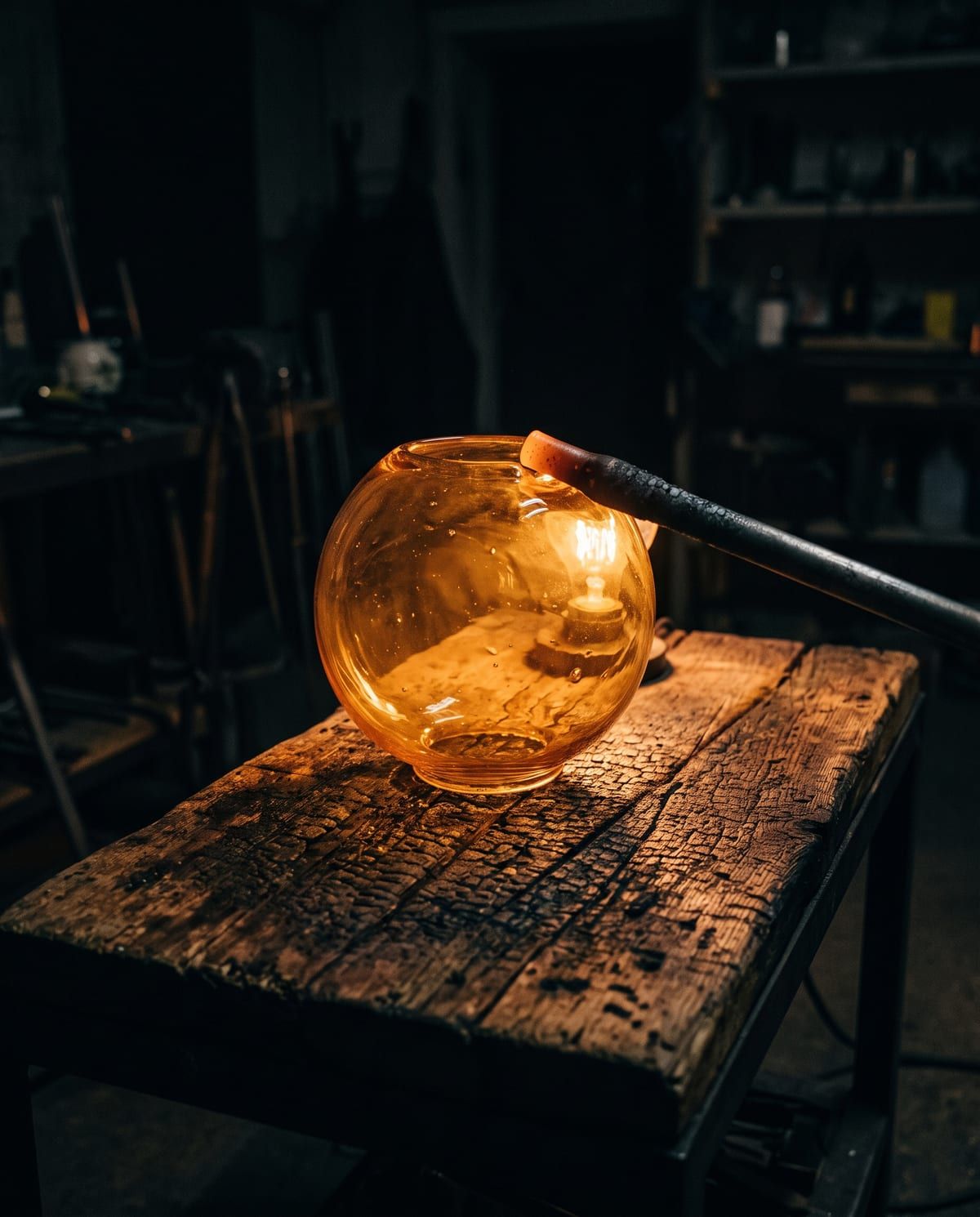 Un globe de verre soufflé ambré, encore chaud, posé près de la canne